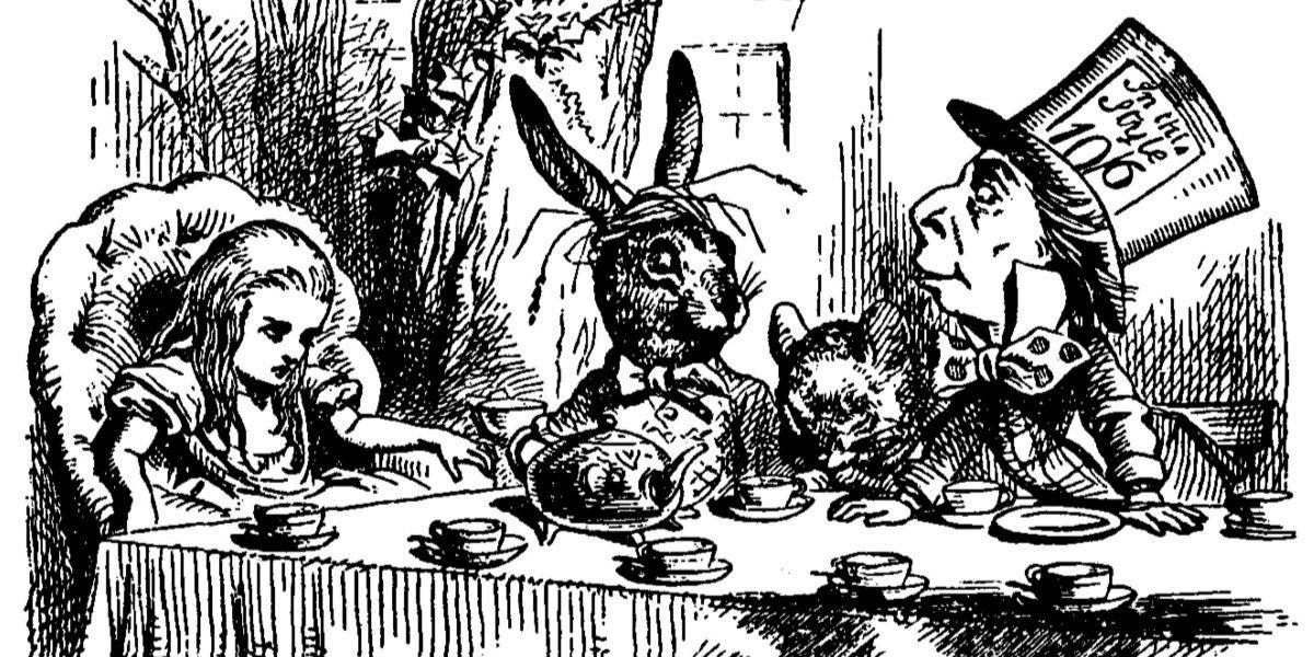 Alice, the March Hare, and the Mad Hatter at the tea party in the original Alice in Wonderland book.