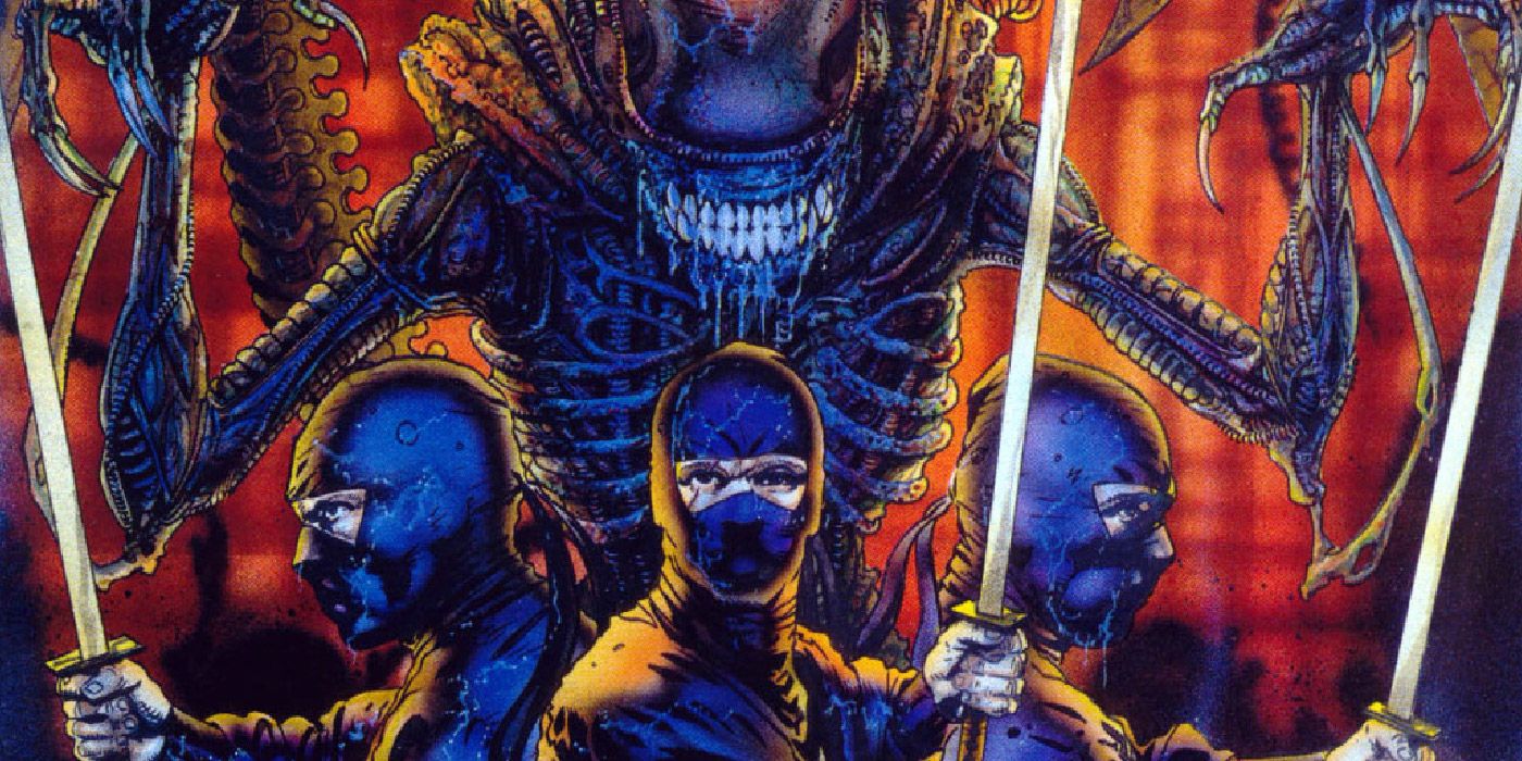 A xenomorph and a trio of ninjas from Aliens: Music of the Spears