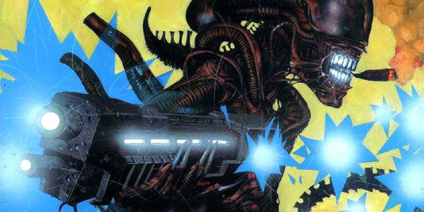 A cigar-chewing xenomorph holding a pulse rifle in Aliens: Stronghold