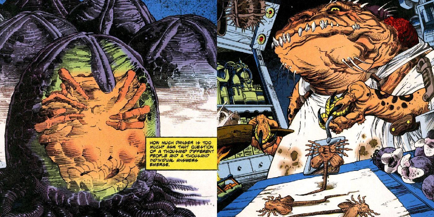 Split image of an alien egg and facehuggers being cooked up in Aliens: Taste.