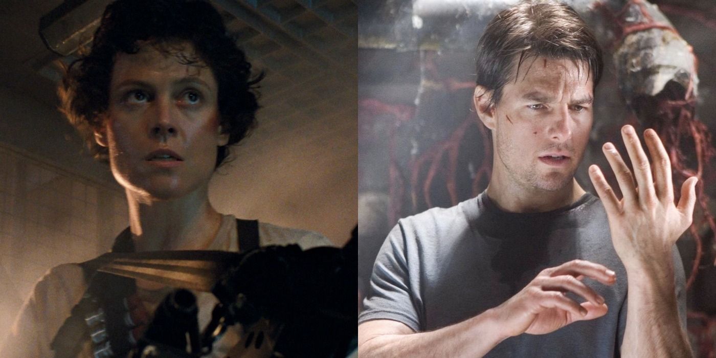 Split image Sigourney Weaver as Ripley in Aliens and Tom Cruise in War of the Worlds