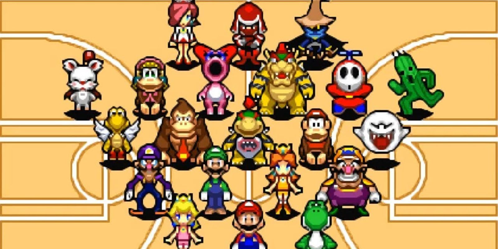 All characters lined up on the court in Mario Hoops: 3 On 3