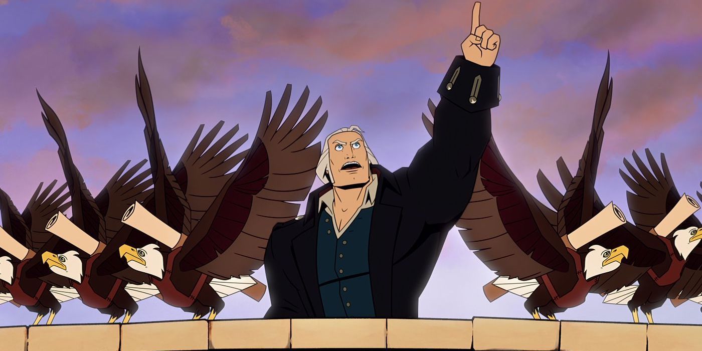 An animated George Washington pointing at the sky and surrounded by bald eagles