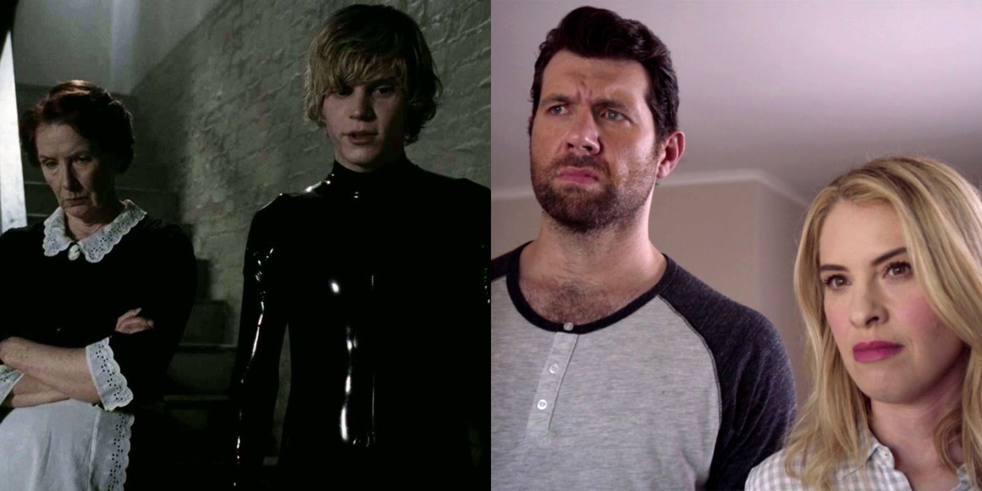 Split image showing Moira and Tate in AHS: Murder House and Harriso and Meadow in AHS: Cult