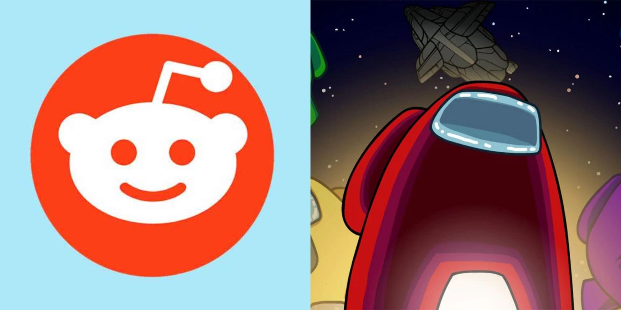 Split image showing the Reddit logo and artwork for Among Us
