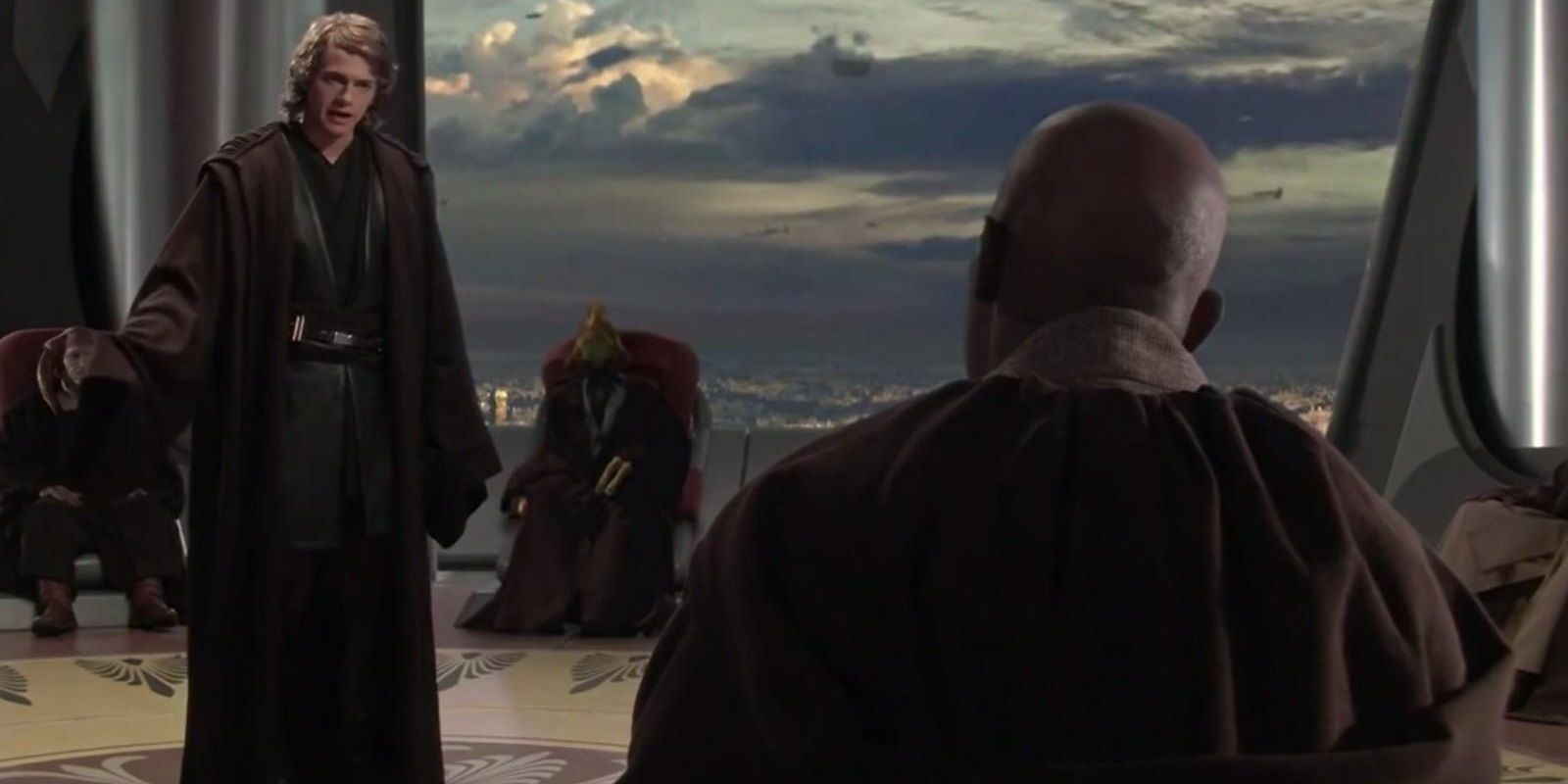 Anakin and Mace Windu in the Jedi Council in Revenge of the Sith