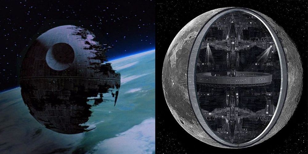 The second Death Star hovers over Endor. A diagram of Earth's moon as an artificial satellite.