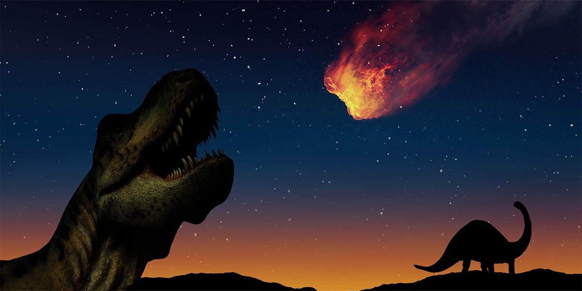 Tyrannasaurus and Brontosaurus look on as meteor falls from sky.