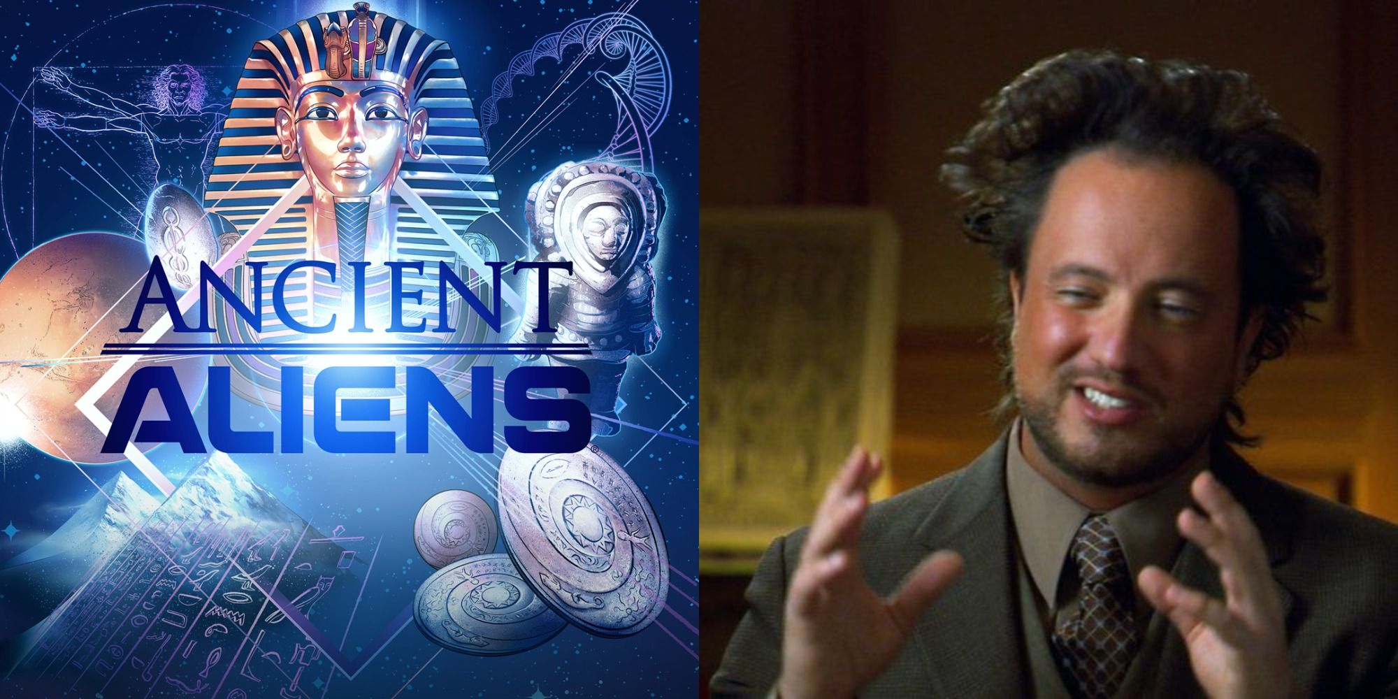Split image showing the poster for Ancient Alies and the Alien meme guy