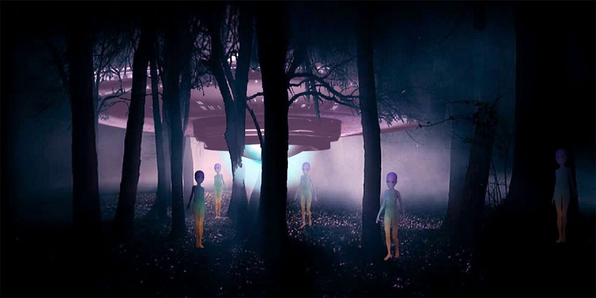 UFO lights up dark forest as aliens fan out.