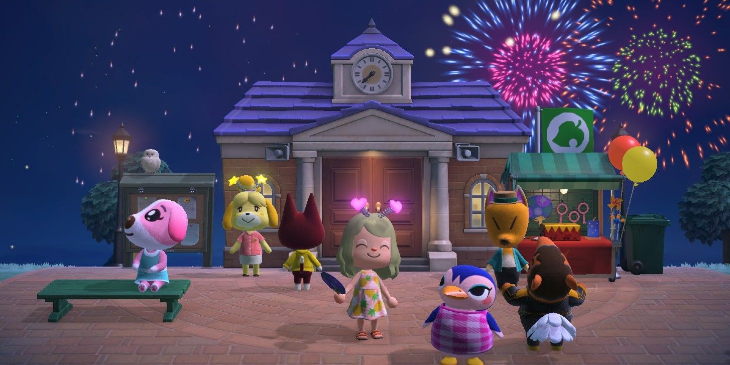 The player and the villagers are enjoying the fireworks at night in Animal Crossing New Horizons.