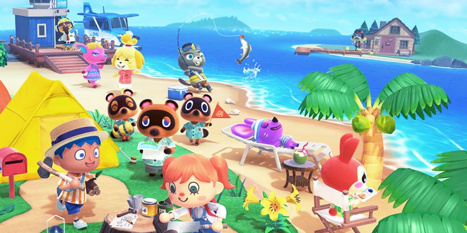 Beach party featuring the player and many villagers in Animal Crossing New Horizons.