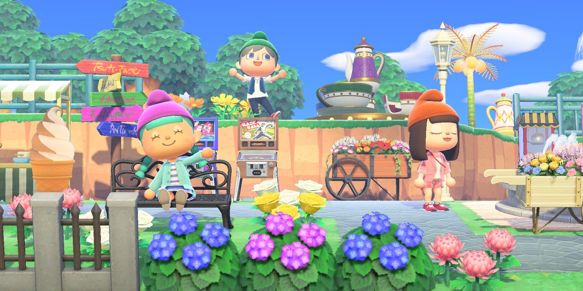 3 players relaxing in one island in Animal Crossing New Horizons.