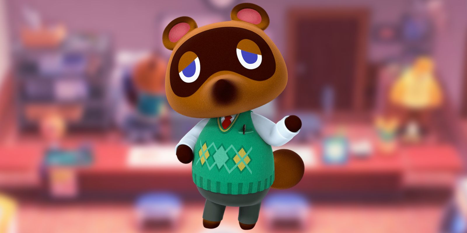 Tom Nook against an Animal Crossing background