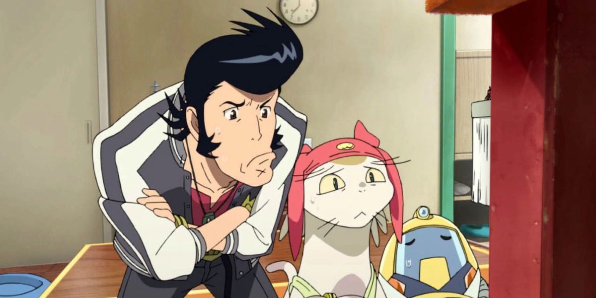 The main crew of Space Dandy looking inquisitive.