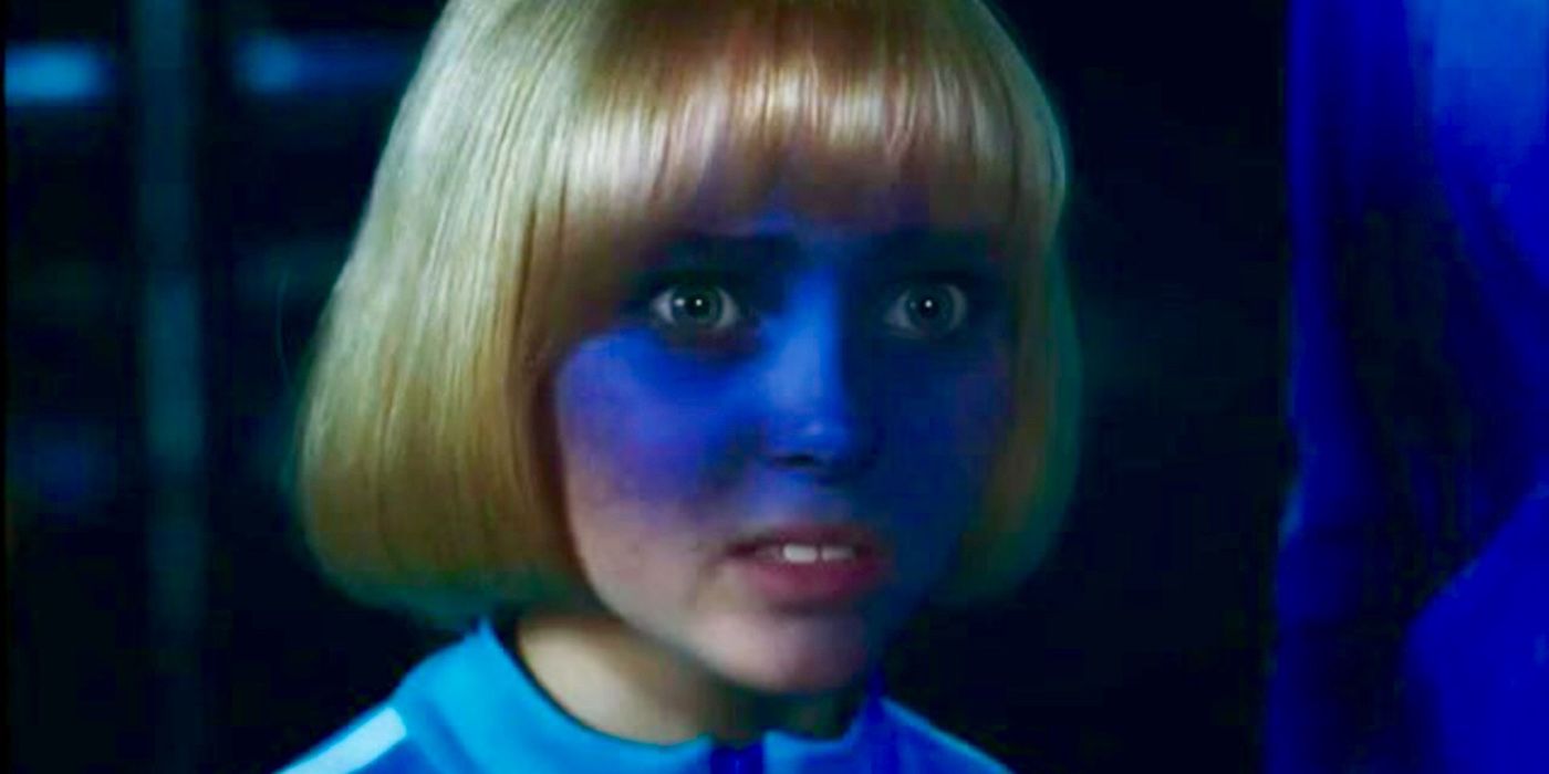 Violet Beauregard with a blue face in Charlie and the Chocolate Factory.