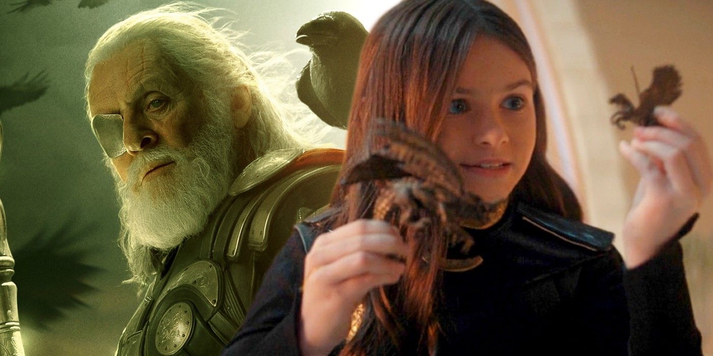Anthony Hopkins as Odin in Thor and Cailey Fleming as young Sylvie in Loki