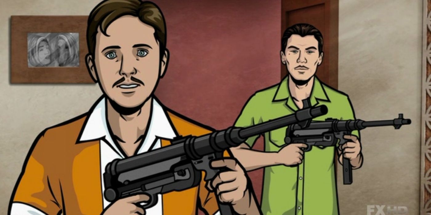 Charles and Rudy holding machine guns in Archer