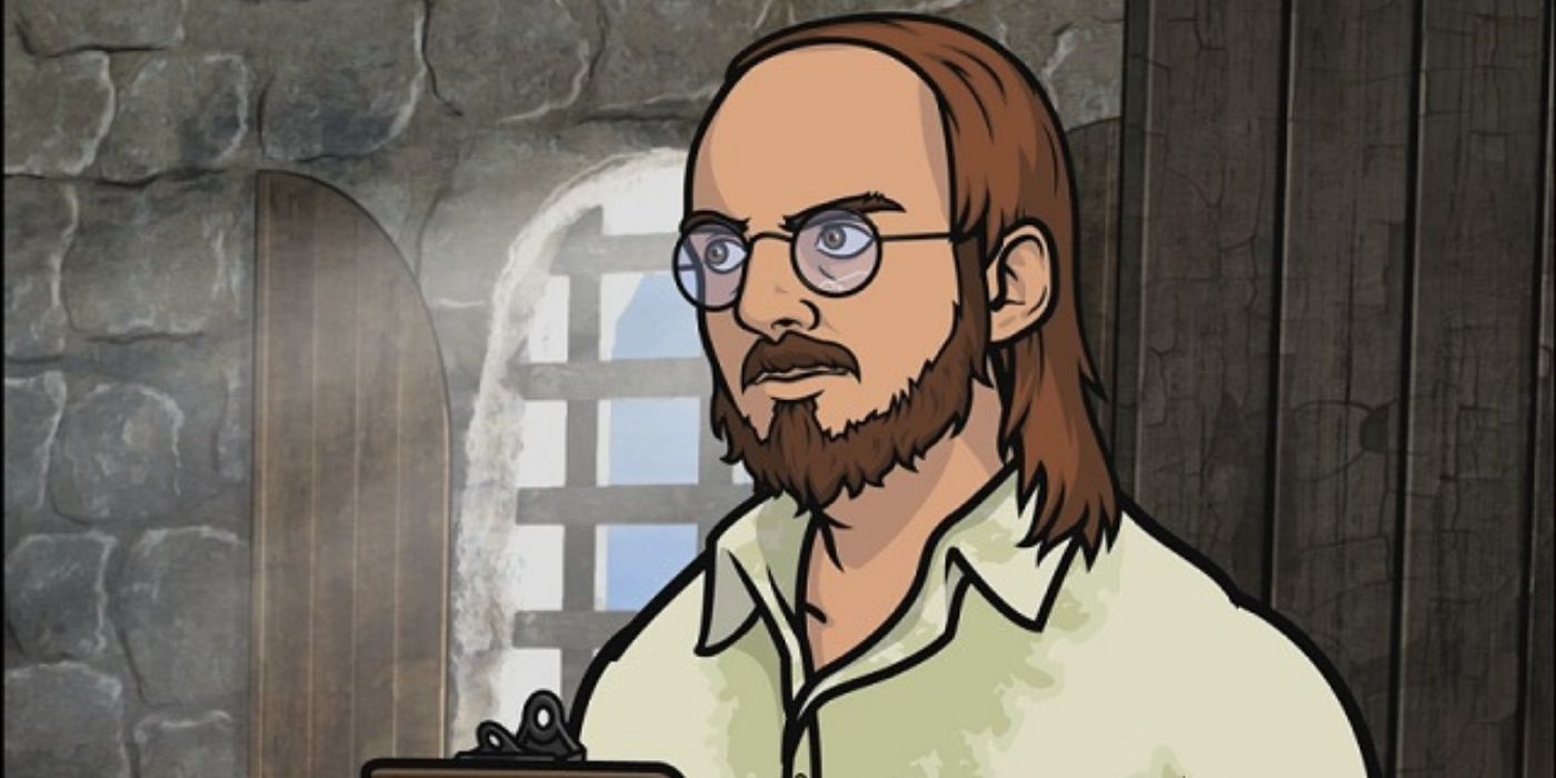 Noah frowning and talking to someone in Archer