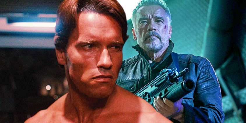Collage of Arnold Schwarzenegger in Terminator 1984 and Dark Fate