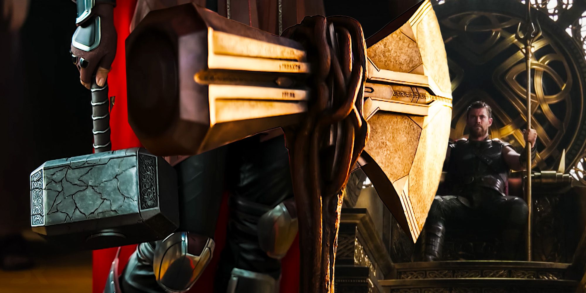 Mjolnir, Gungnir, and Stormbreaker - important Asgardian weapons from Thor.