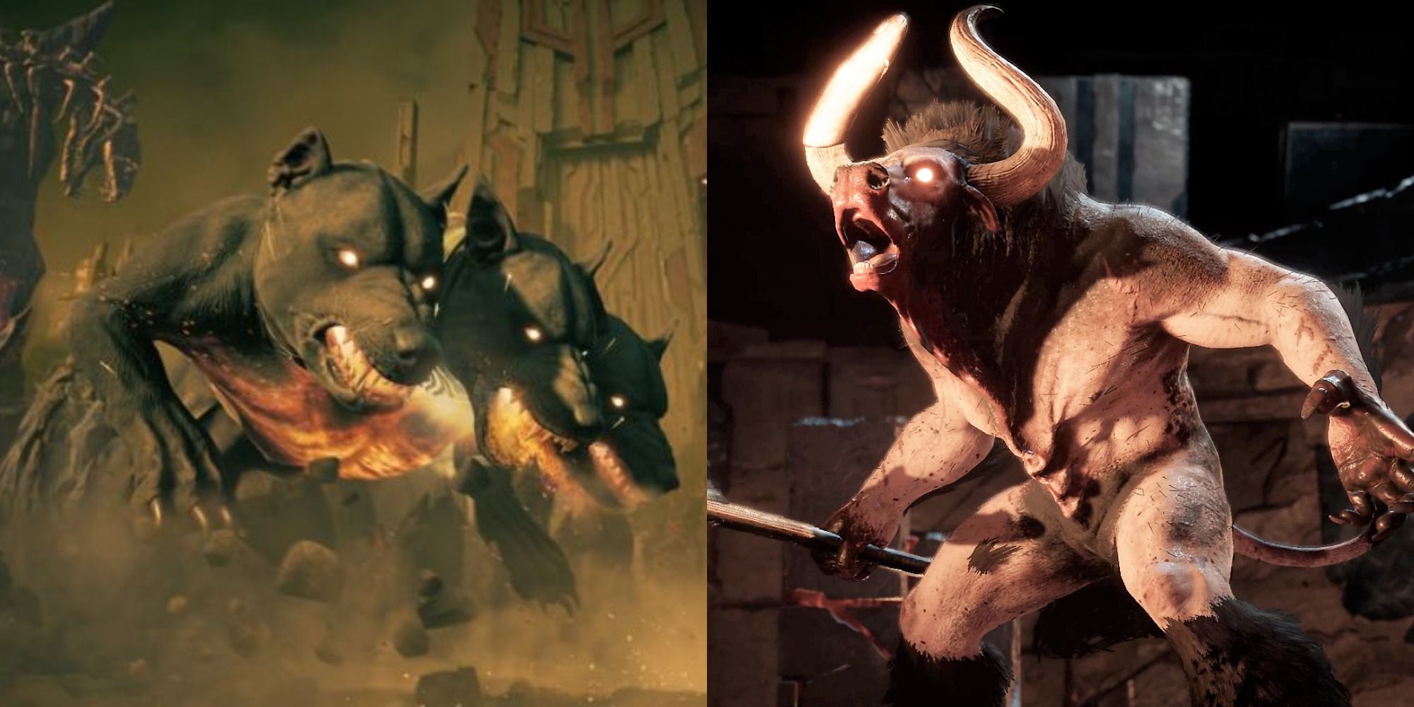 A split image of Cerberus and the Minotaur in Assassin's Creed: Odyssey