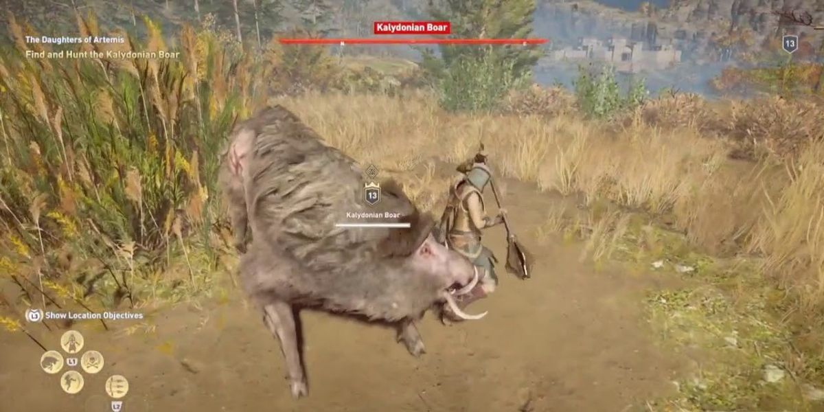 Player fighting the Kalydonian Boar in Assassin's-Creed-Odyssey