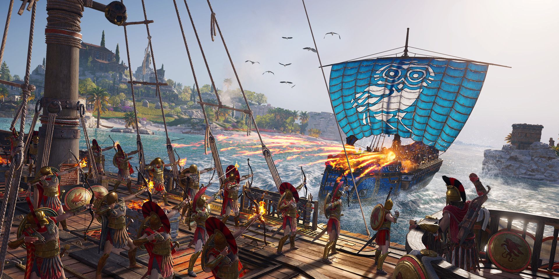 Two ships embroiled in combat in Assassin's Creed Odyssey 