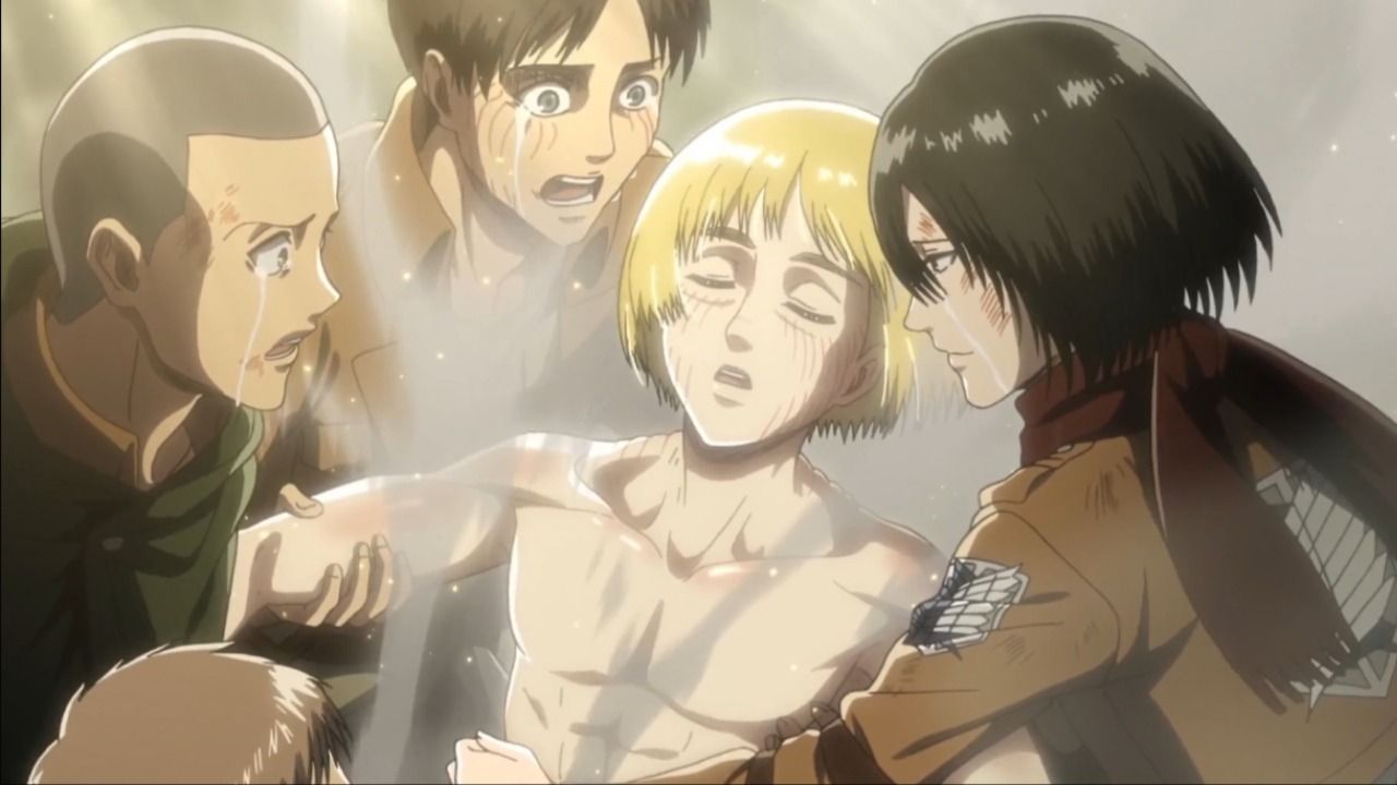 Levi and other characters in the Attack on Titan anime.