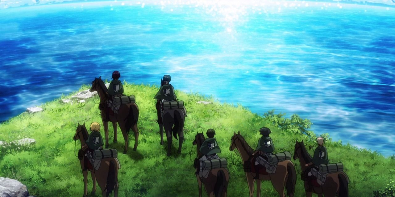 Attack on Titan characters on horseback by the sea.