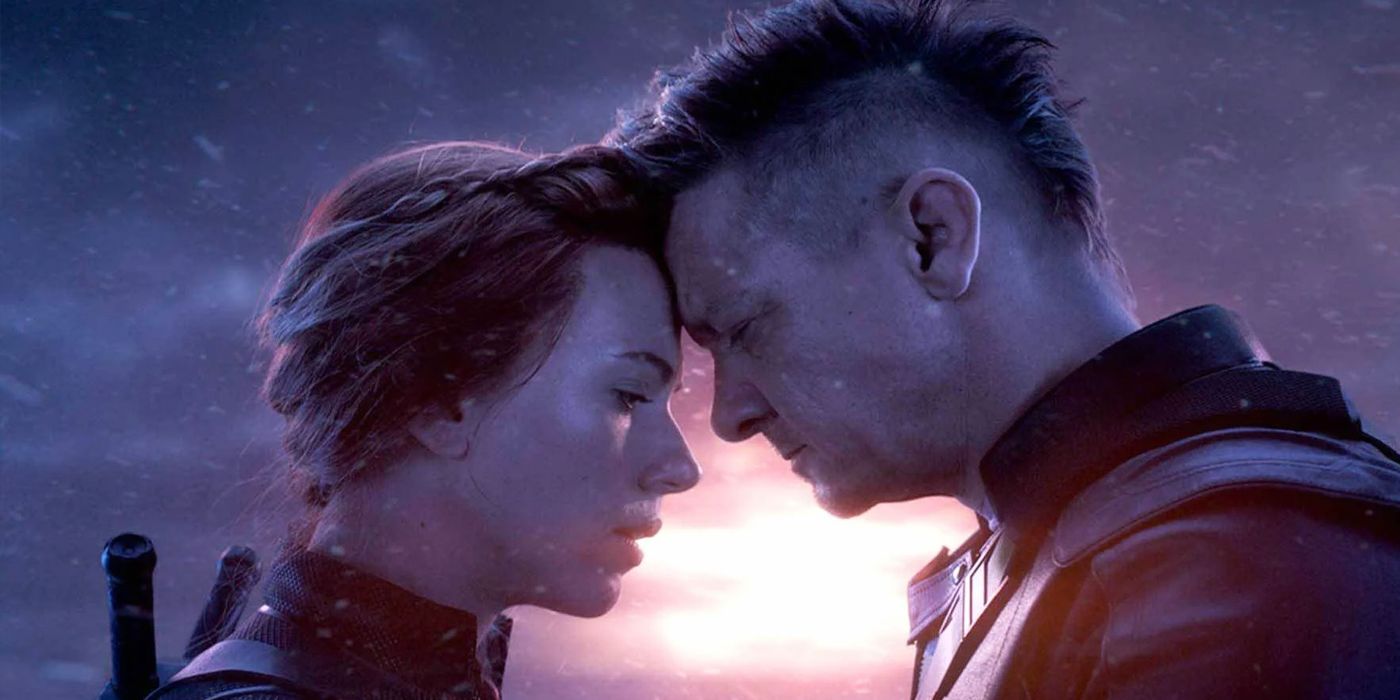 Black Widow and Hawkeye share a tender moment in Avengers: Endgame.