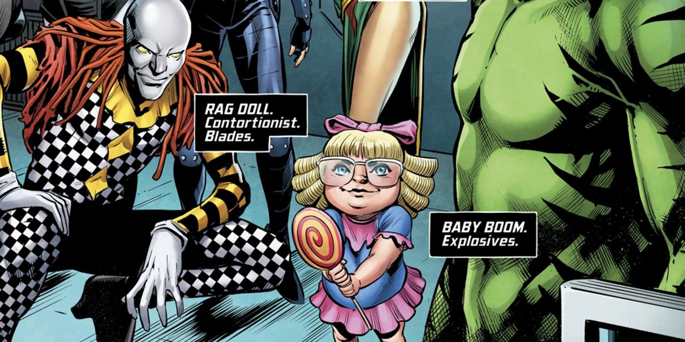 Rag Doll and Baby Boom holding a lolipop with the rest of the team in DC Comics
