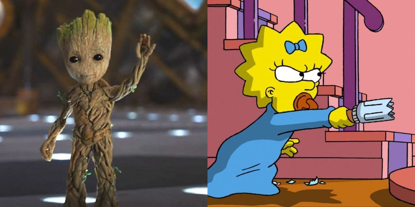 Split image Baby Groot in Guardians of the Galaxy Vol. 2 and Maggie in The Simpsons