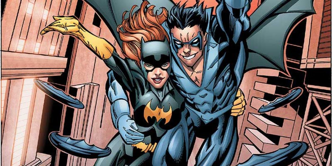 Batgirl and Nightwing flying together in DC Comics