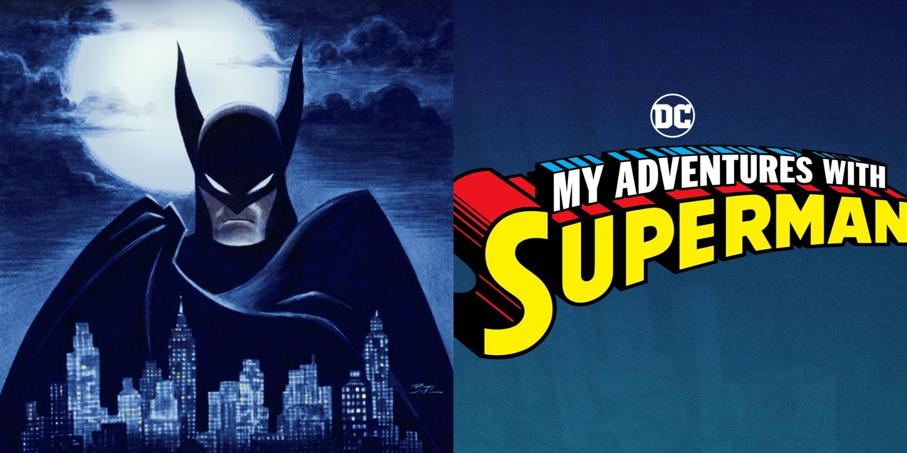 Batman: Caped Crusader poster and the logo for My Adventures With Superman