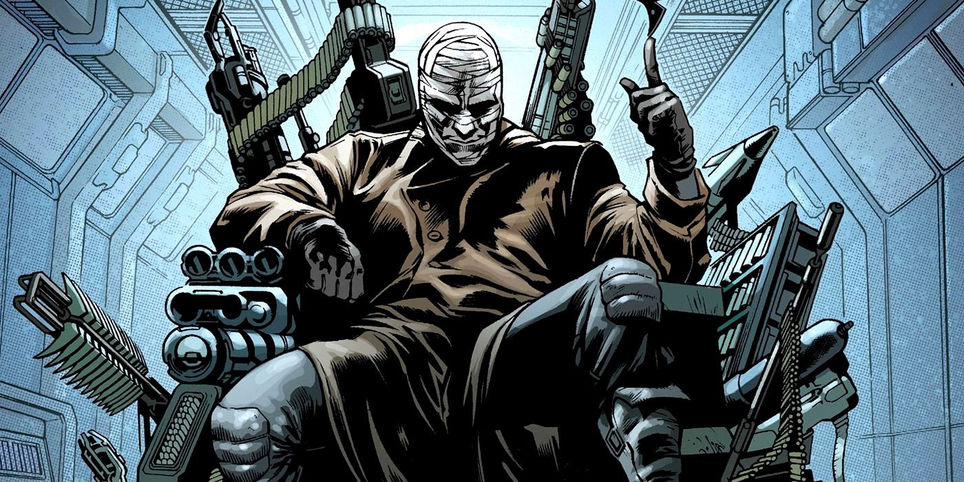 Husk sitting on a makeshift throne made out of weapons in the Batman comics