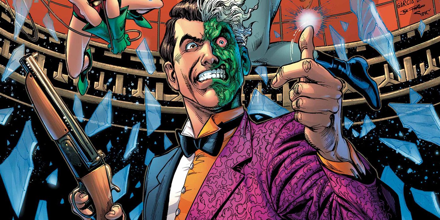 Two-Face flipping his coin while in battle in the comics