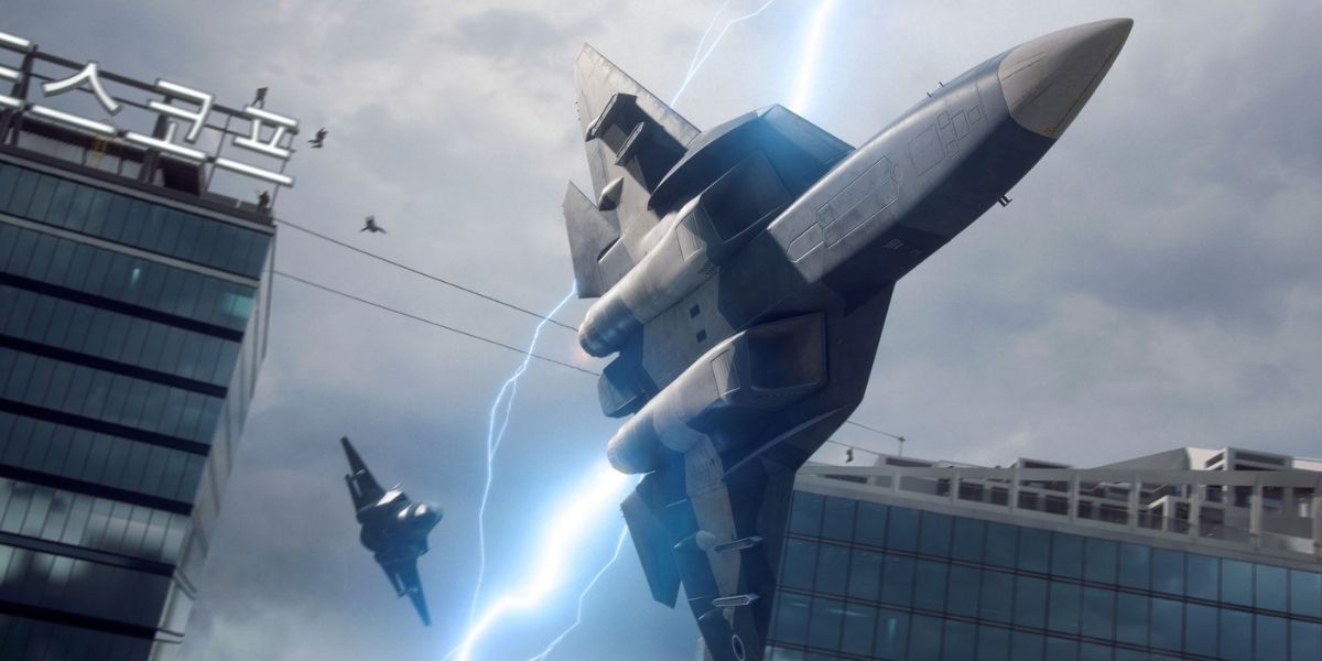 A jet flying across a stormy sky in the Battlefield 204 trailer.
