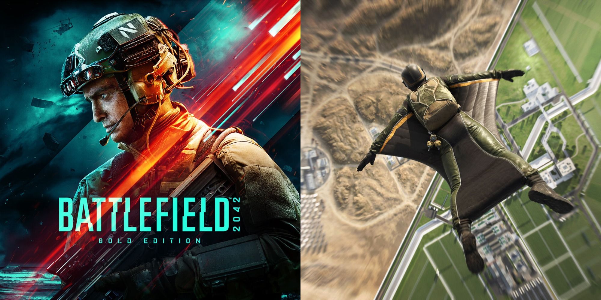 Split image showing the cover of Battlefield 2042, and a character jumping while wearing a winged suit