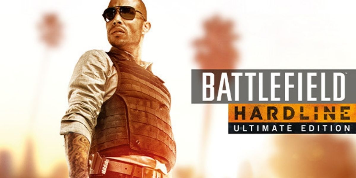 Banner for the Battlefield Hardline Ultimate Edition, featuring a character in sunglasses and a protective vest.
