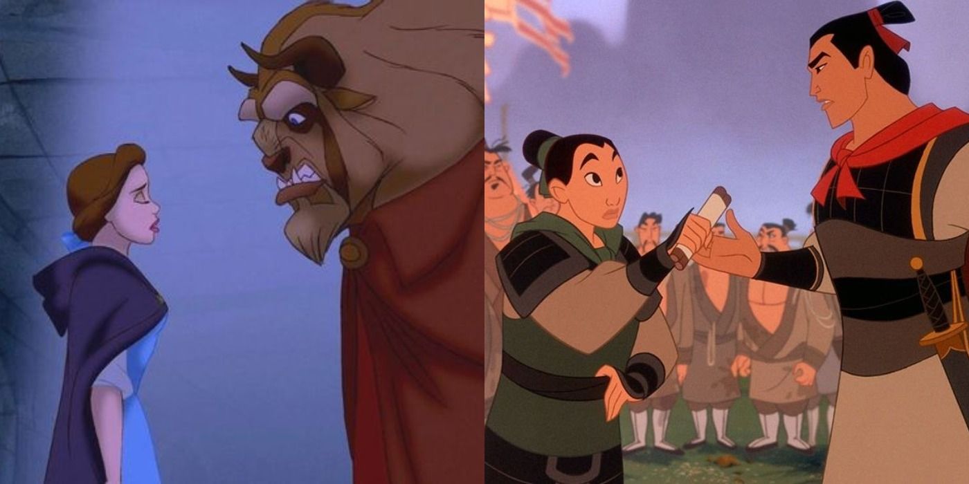 Split image of Belle and the Beast facing each other and Mulan and Li Shang facing each other