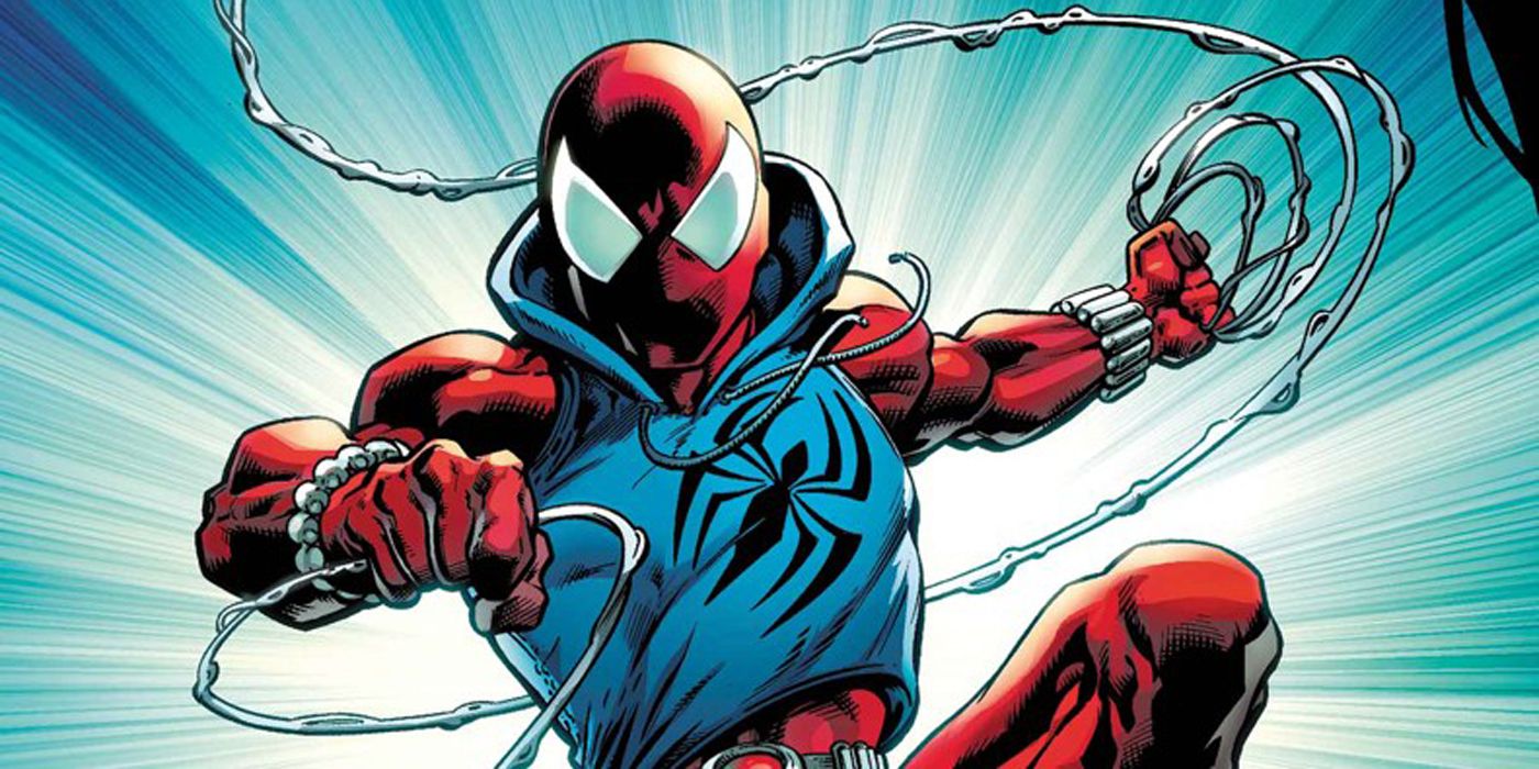 Ben Reilly as Scarlet Spider swinging with his webs in Marvel Comics.