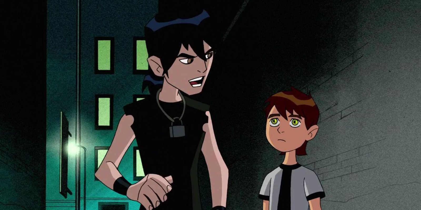 Ben and Kevin talking in an alley in Ben 10.