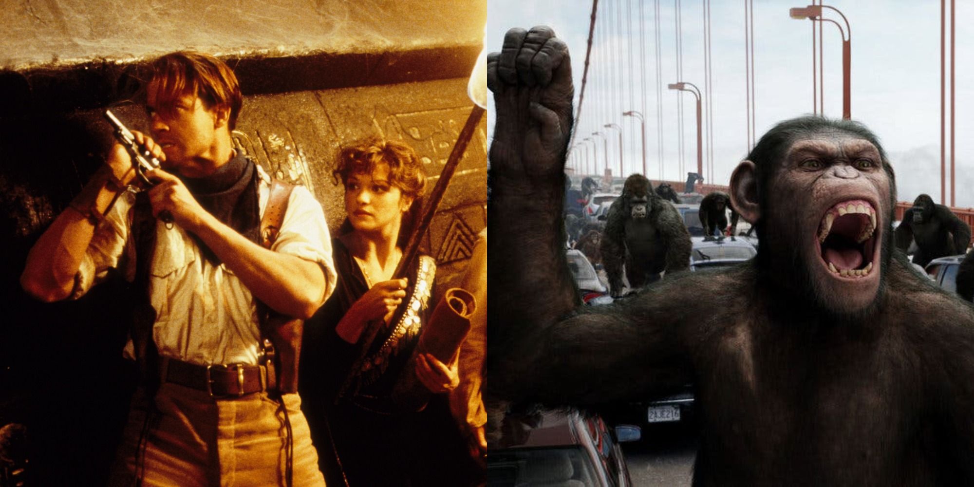 A split image of Rick and Evelyn in The Mummy and Caesar in Planet of the Apes