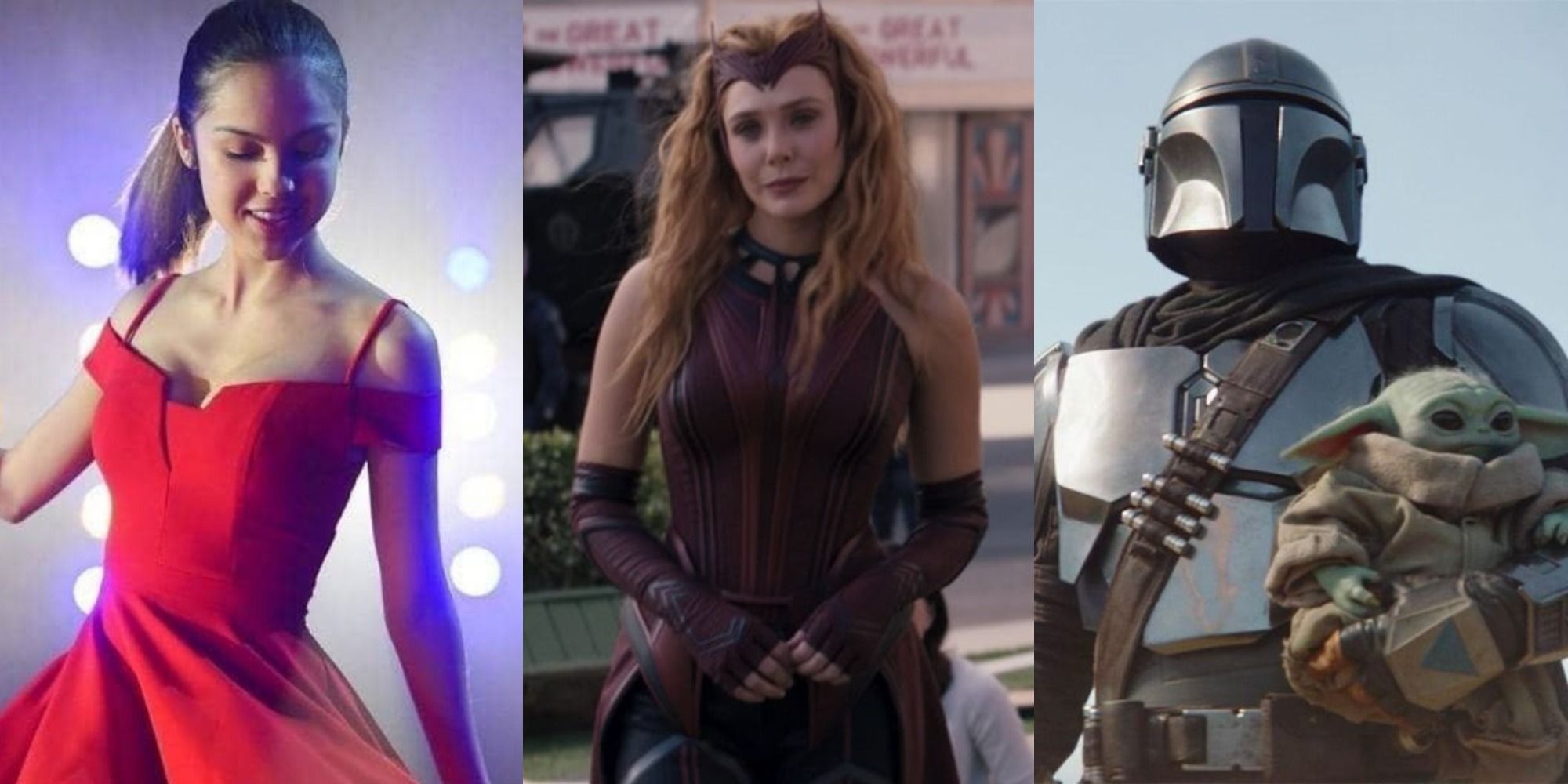 Split image of Nini from High School Musical, Scarlet Witch in WandaVision and Din Djarin carrying Grogue in The Mandalorian