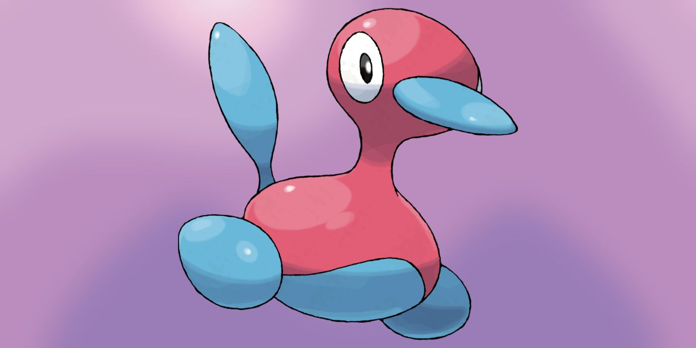 Porygon2 floating against a pink and purple background in Pokemon.