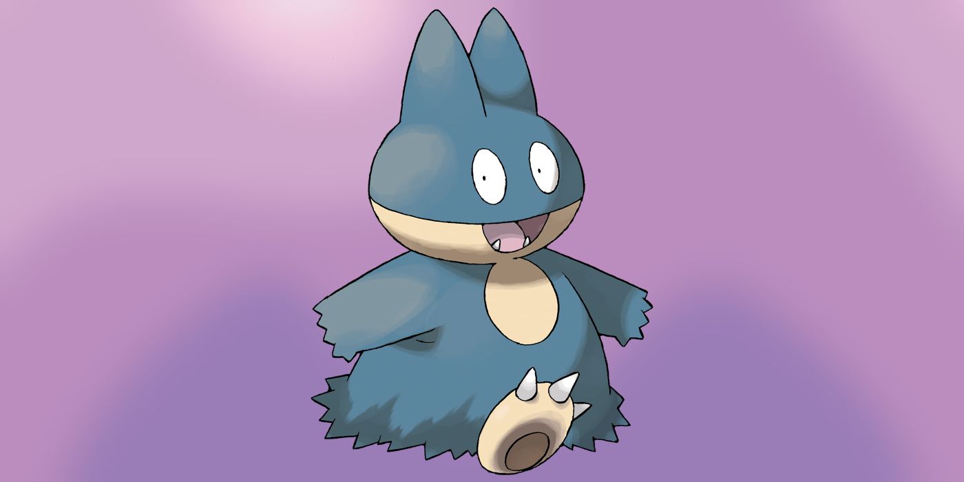 Munchlax from the Pokemon series stands on a purple background.