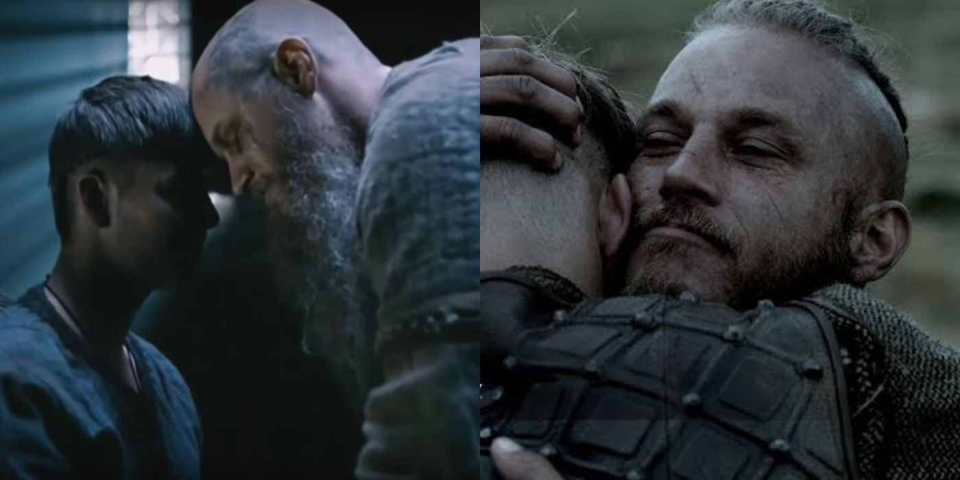 Vikings: Split image of Ragnar hugging and being affectionate with his sons