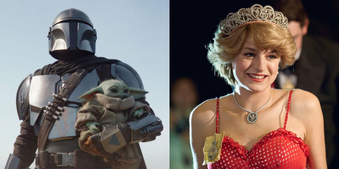 Split image of Din and Grogu on The Mandalorian and Princess Diana on The Crown