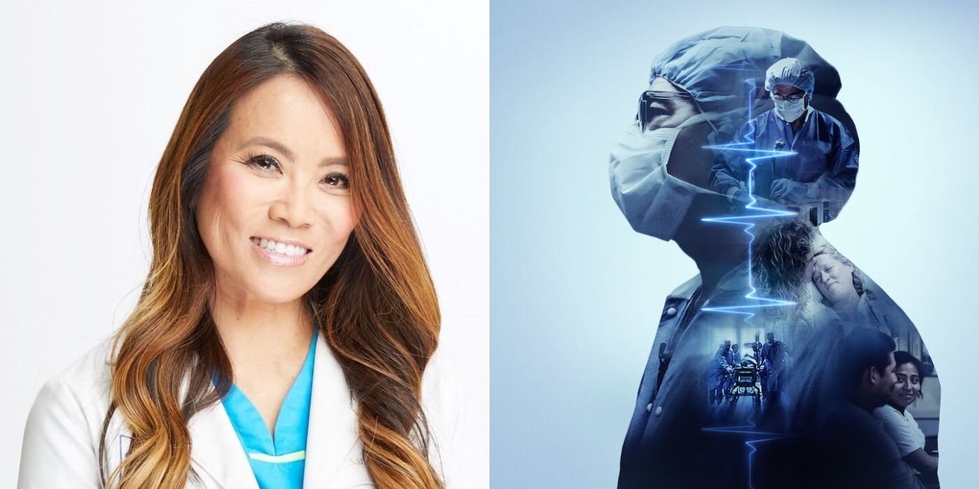A split image of Dr. Pimple Popper and the poster for Netflix's Lenox Hill.